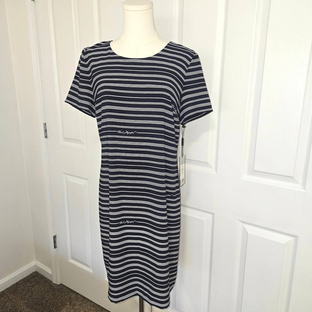 NWT Karl Lagerfeld Paris Shift Dress Womens 8 Navy White Striped Logo LD9E1CY5